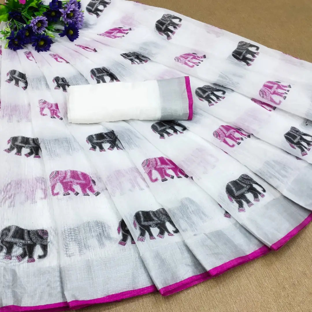 Beautiful Linen Elephant Printed Saree with Blouse piece