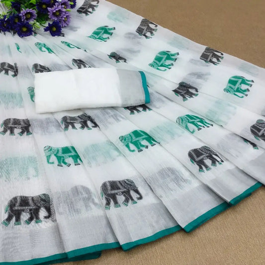 Beautiful Linen Elephant Printed Saree with Blouse piece