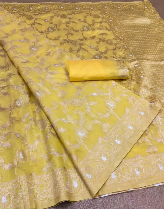 Partywear Self Pattern Organza Saree with Blouse Piece