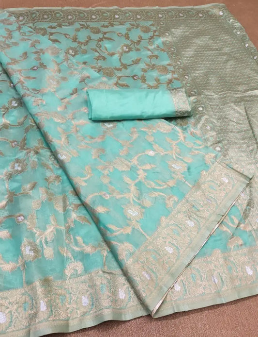 Partywear Self Pattern Organza Saree with Blouse Piece