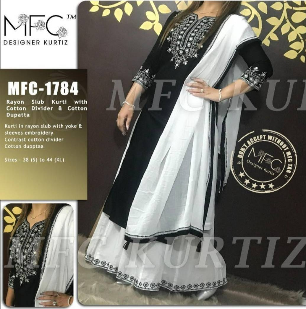 Alluring Rayon Embroidered Kurta with Bottom And Dupatta Set