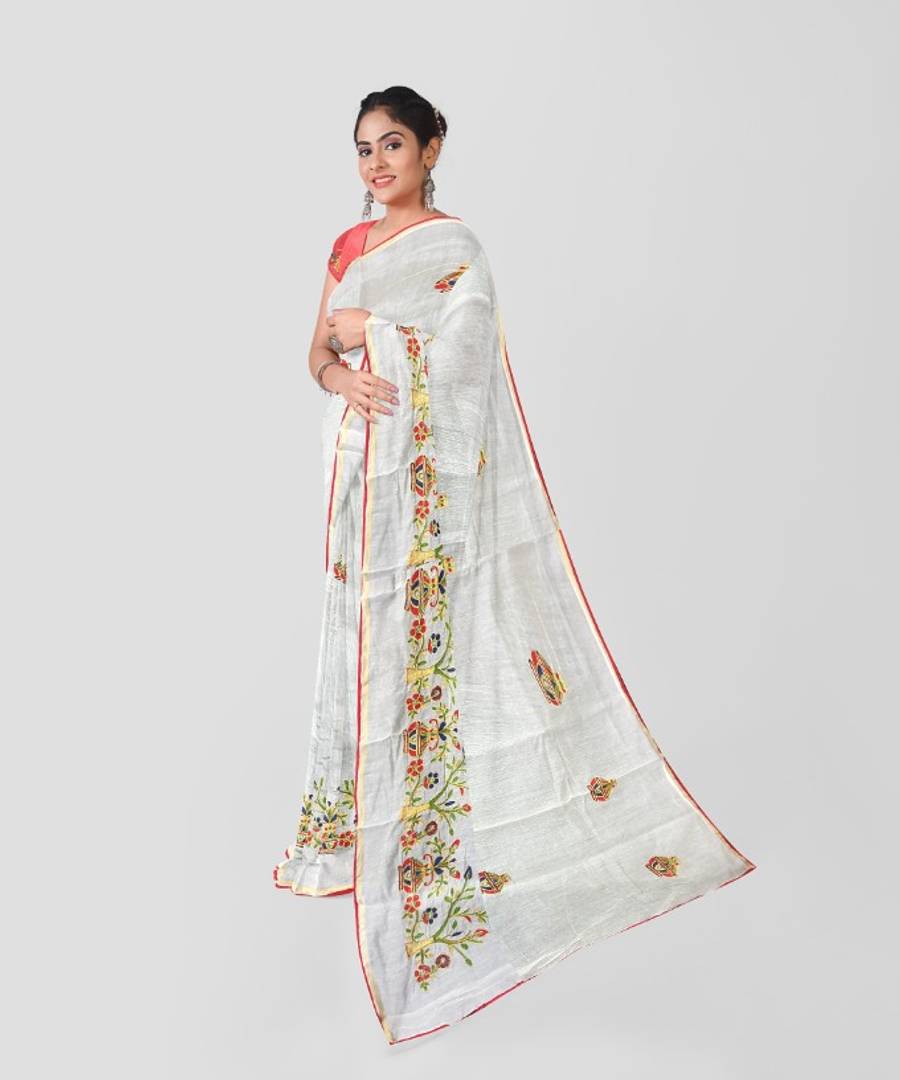 Trendy Chanderi Cotton Embroidered Saree with Blouse Piece