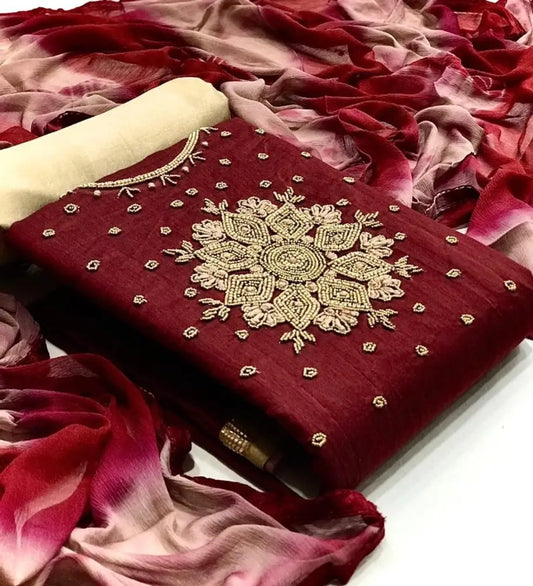 Elegant Slub Cotton Hand Work Salwar Suit Dress Material