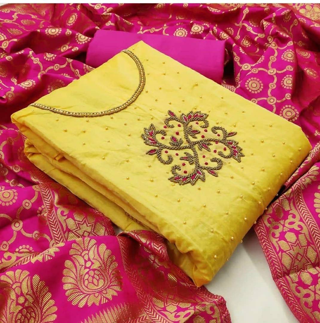 Delightful Chanderi Embroidered Salwar Suit Dress Material