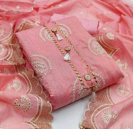 Elegant Chanderi Silk Embroidered Salwar Suit Dress Material
