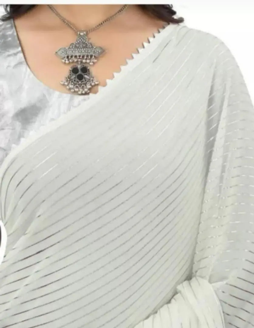 Georgette Silver Foil Striped Saree with Blouse Piece