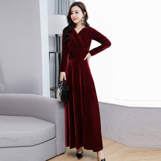 Classy Solid Long Velvet Dress