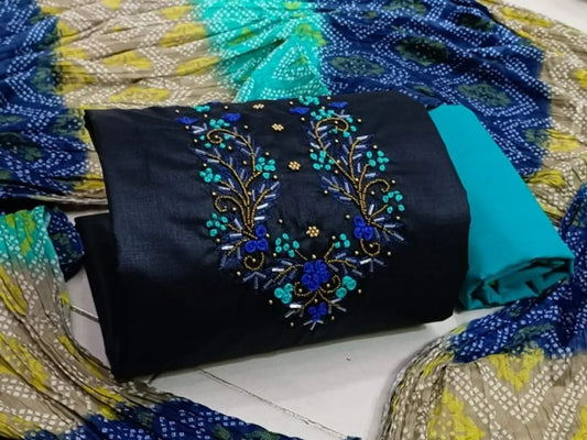 Elegant Slub Cotton Embroidered Salwar Suit Dress Material