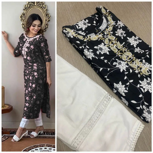 Pure Rayon Cotton Embroidered and Pearl Work Kurta Set