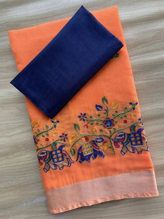 Retro Chanderi Cotton Embroidered saree with Blouse piece
