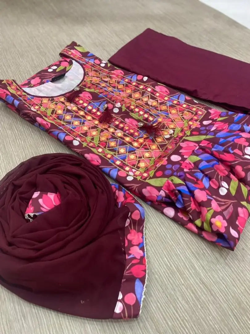 Partywear Rayon Cotton Embroidered Kurta Pant Dupatta Set