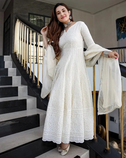 Exclusive Cotton Chikankari Embroidered Gown with Dupatta