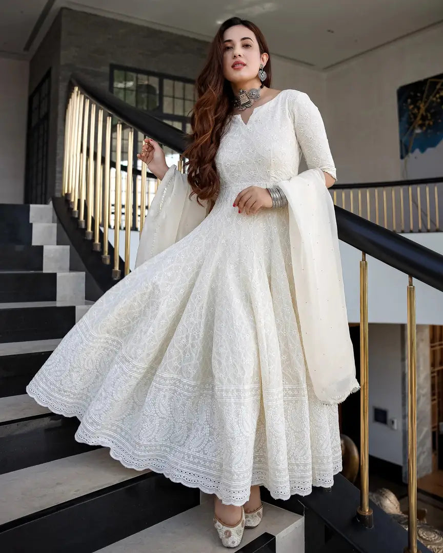 Exclusive Cotton Chikankari Embroidered Gown with Dupatta