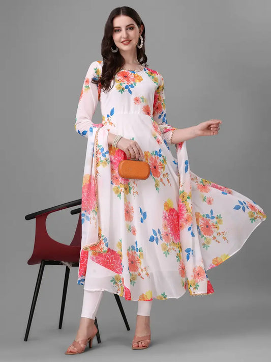 Beautiful Moti Work Floral Printed Georgette Gown with Dupatta