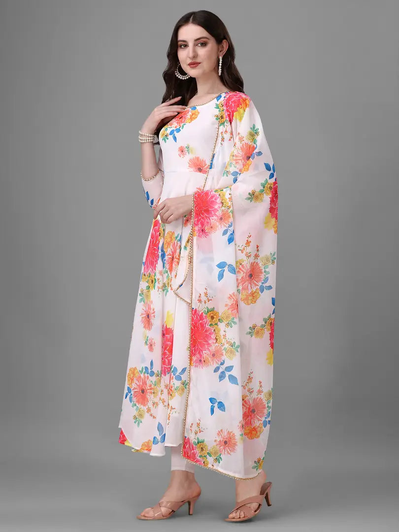 Beautiful Moti Work Floral Printed Georgette Gown with Dupatta