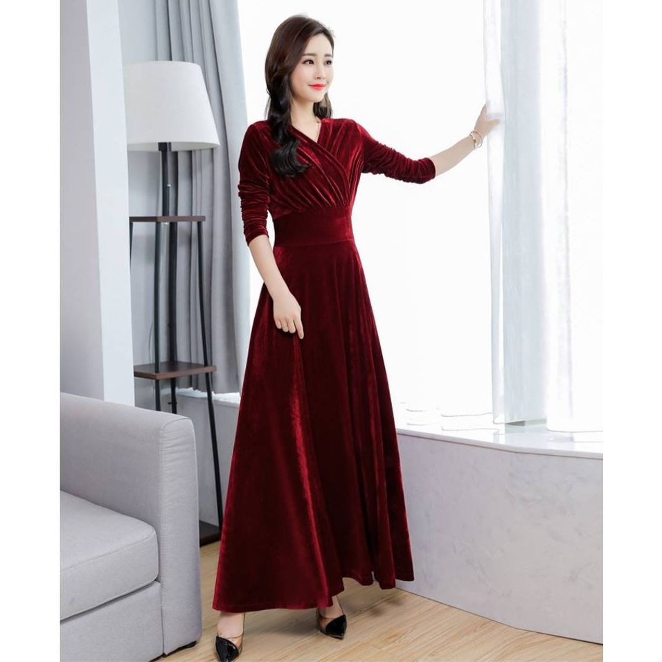 The Red Puff Sleeve Long Sleeve Velvet Dress - Velvet Puff Long Sleeve V  Neck Midi Dress - Red - Dresses | RIHOAS