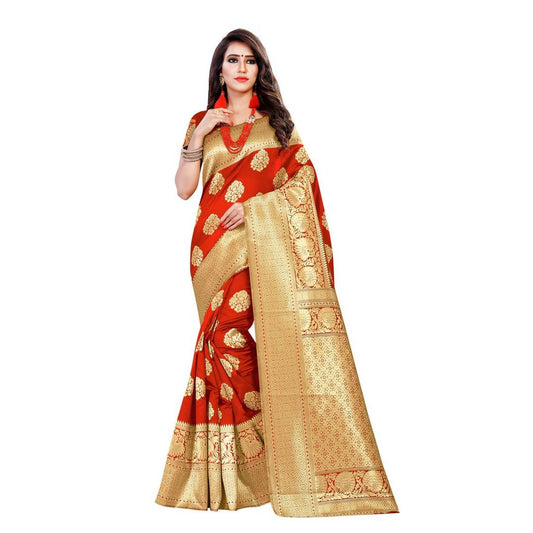 Elegant Red Kanjeevaram Silk Woven Design Saree With Blouse Piece