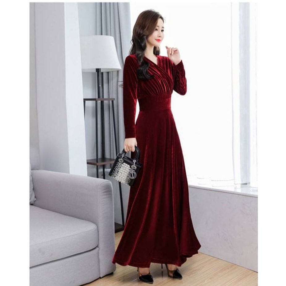 Classy Solid Long Velvet Dress